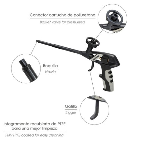 Pistola Para Espuma Poliuretano Recubrimiento Integro PTFE (Interior y Exterior) Pistola Calafatear, Rellenar, Sellar