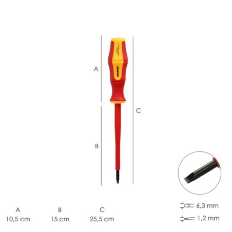 Destornillador Plano Aislado Certificado VDE 1.000 V. Medida 1,2 x Diámetro 6,5 x 150 mm. Destornillador Seguridad Electricista