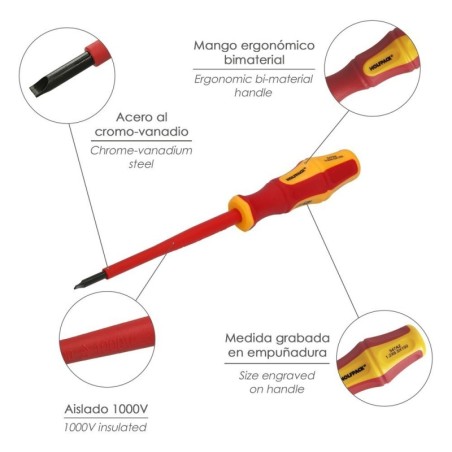 Destornillador Plano Aislado Certificado VDE 1.000 V. Medida 1,2 x Diámetro 6,5 x 150 mm. Destornillador Seguridad Electricista
