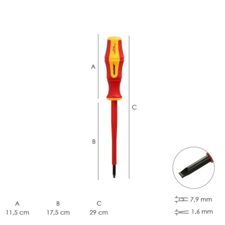 Destornillador Plano Aislado Certificado VDE 1.000 V. Medida 1,6x Diámetro 8,0 x 175 mm. Destornillador Seguridad Electricista