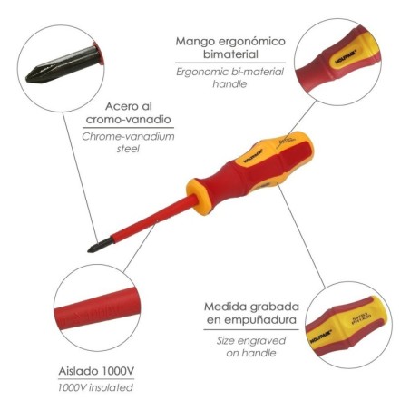 Destornillador Phillips Aislado Certificado VDE 1.000 V. Medida PH 1 - 4,5 x 80 mm. Destornillador Seguridad Electricista