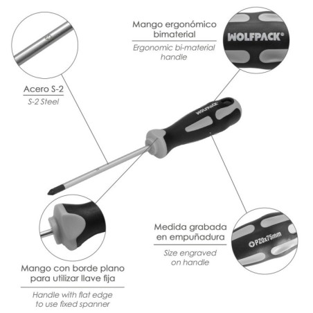 Destornillador Pozidriv Acero S2 Mango TPR Bimaterial. Medida pza. 0 x Diámetro 3,0 x 75 mm. DIN5262.