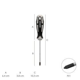 Destornillador Pozidriv Acero S2 Mango TPR Bimaterial. Medida pza. 1 x Diámetro 5 x 38 mm. DIN5262.