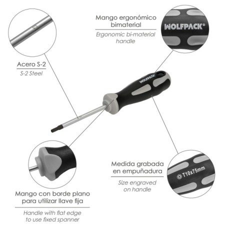Destornillador Torx Inviolable Acero S2 Mango TPR Bimaterial. Medida T10 x Diámetro 5,0 x 75 mm.