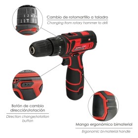Taladro Atornillador 12 V. Con 2 Velocidades y Percutor. Batería 1.300 mAh. Par Apriete 35 Nm.