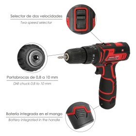 Taladro Atornillador 12 V. Con 2 Velocidades y Percutor. Batería 1.300 mAh. Par Apriete 35 Nm.