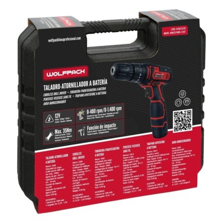Taladro Atornillador 12 V. Con 2 Velocidades y Percutor. Batería 1.300 mAh. Par Apriete 35 Nm.