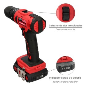 Taladro Atornillador 20 V. Con 2 Velocidades y Percutor. Batería 2 Ah. Par Apriete 35 Nm.