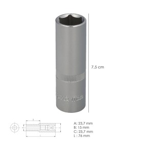 Llave Vaso 1/2" Hexagonal Larga 17 mm. Perfil de 6 caras. Acero Cromo Vanadio, Aristas Redondas