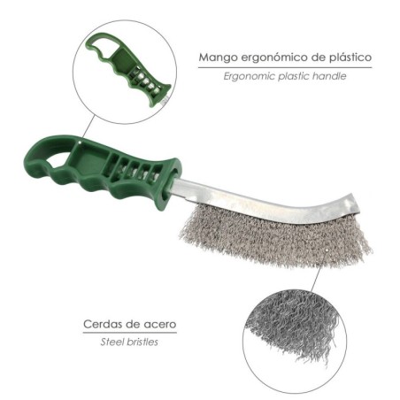 Cepillo Acero Inoxidable Mango Verde 25 cm. Cepillo eliminación Oxido, Pintura, Pulido De Metales.