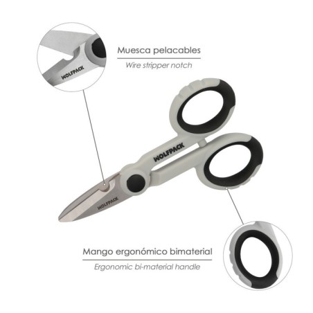 Tijeras Electricista 140 mm. Mango TPR No tensión. Hojas Acero Inoxidable, Ergonómicas, Tijeras Cortar Cable, Pelacables