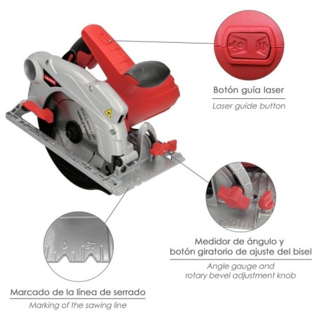 Sierra Circular 1500 Watt. Con Laser Disco 185 mm. 4.700 RPM Corte Inglete Regulador de Profundidad. Ingletadora, Sierra Madera