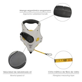 Cinta Métrica Fibra de Vidrio 50 Metros Sistema 3x Velocidad Recogida