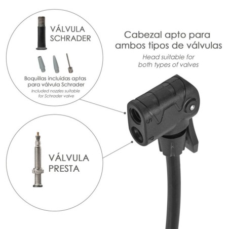 Bomba Inflar Bicicleta Con Manómetro. Doble Boquilla Válvula Presta y Schrader. Diámetro 32 x 500 mm. 10 BAR / 160 PSI