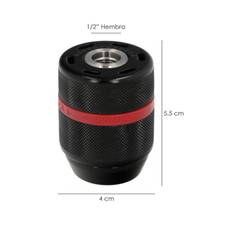 Portabrocas Sin Llave Metálico 1/2" Hembra. Brocas Hasta Diámetro 13 mm. Mandril taladro