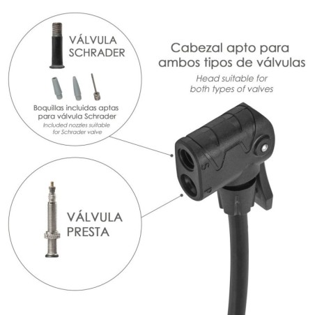 Bomba Aire Pie / Pedal Con Manómetro 6 Bares Cuerpo Acero, Válvulas SCHRADER y PRESTA con Adaptadores. Bomba Bicicletas, Motos