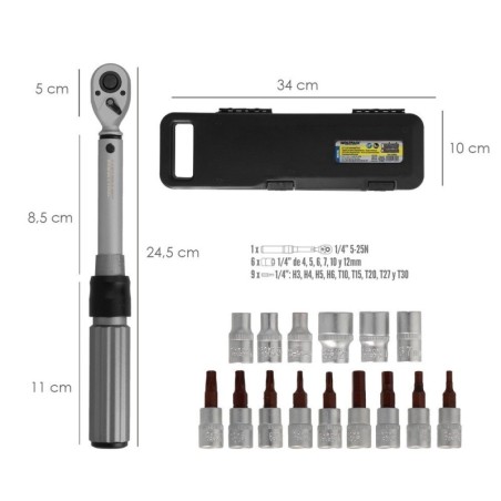 Llave Dinamometrica 1/4 Con 9 Puntas Hexagonales y 5 Vasos. Llave De Torque Camiones, Coches, Motos, Micro Ajustes, Acero CRV