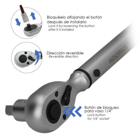 Llave Dinamometrica 1/4 Con 9 Puntas Hexagonales y 5 Vasos. Llave De Torque Camiones, Coches, Motos, Micro Ajustes, Acero CRV