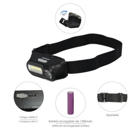 Linterna Led Frontal Cabeza Ajustable 350 Lúmenes 4 Modos, Cinta Ajustable, 3 modos de luz. Fuerte, media y flash. 1200Mah