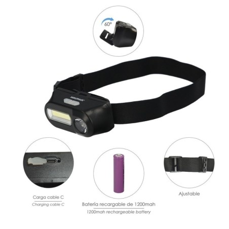 Linterna Led Frontal Cabeza Ajustable 350 Lúmenes 4 Modos, Cinta Ajustable, 3 modos de luz. Fuerte, media y flash. 1200Mah