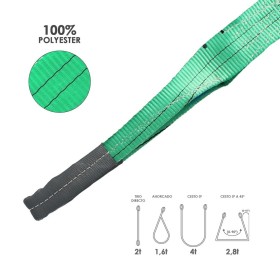 Eslinga Plana Doble Banda 2.000 Kg. Factor Seguridad 7:1, Longitud: 2 Metros Ancho 6 cm. 100% Poliéster. Color Verde