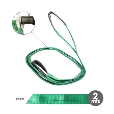 Eslinga Plana Doble Banda 2.000 Kg. Factor Seguridad 7:1, Longitud: 2 Metros Ancho 6 cm. 100% Poliéster. Color Verde
