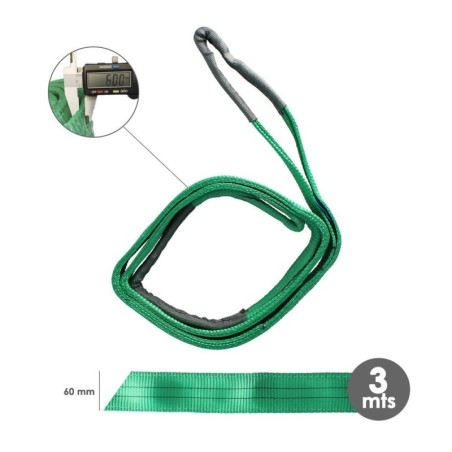 Eslinga Plana Doble Banda 2.000 Kg. Factor Seguridad 7:1, Longitud: 3 Metros Ancho 6 cm. 100% Poliéster. Color Verde