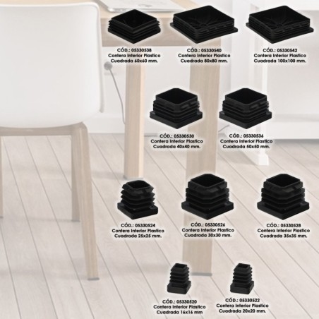 Contera Interior Plástico Cuadrada 25x25 mm. Color Negro. Bolsa 200 Unidades. Contera Mesa, Silla, Muebles, estantería