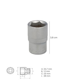 Llave Vaso 1/2" Hexagonal 19 mm. Perfil de 6 caras. Acero Cromo Vanadio, Aristas Redondas