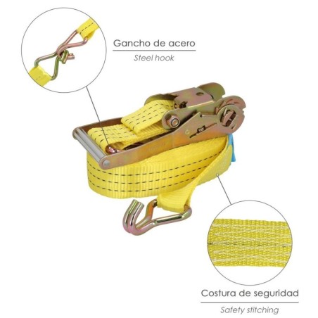 Cinta De Amarre Con Ratchet 12 metros x 50 mm. Trinquete Metálico Automático, Cincha, Eslinga Mercancía, Correa sujeción