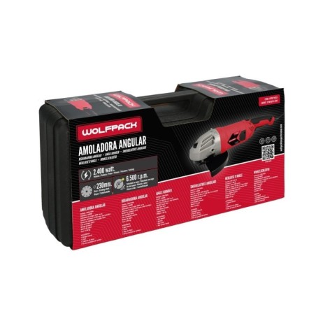 Amoladora Angular 2.400 Watt. Disco Ø 230 mm. 6.500 R.P.M. Mango 3 Posiciones Eje M14 Protector Disco Ajustable, Anti arranque