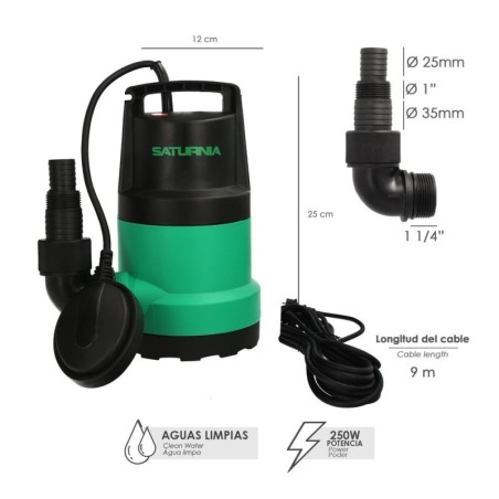 Bomba Aguas Limpias Sumergible 250 Watt. 5.500 lts/hora, Profundidad 5 Mts, Elevación 4,5 mts. Diámetro 2-3 mm.