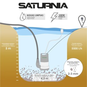 Bomba Aguas Limpias Sumergible 250 Watt. 5.500 lts/hora, Profundidad 5 Mts, Elevación 4,5 mts. Diámetro 2-3 mm.