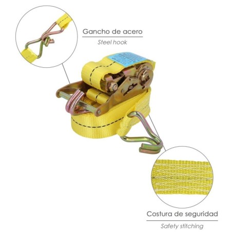 Cinta De Amarre Con Ratchet 6 metros x 38 mm. Trinquete Metálico Automático, Cincha, Eslinga Mercancía, Correa sujeción
