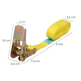 Cinta De Amarre Con Ratchet 4 metros x 25 mm. Trinquete Metálico Automático, Cincha, Eslinga Mercancía, Correa sujeción