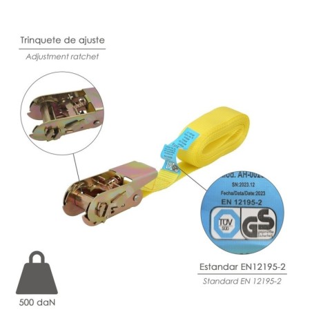 Cinta De Amarre Con Ratchet 4 metros x 25 mm. Trinquete Metálico Automático, Cincha, Eslinga Mercancía, Correa sujeción
