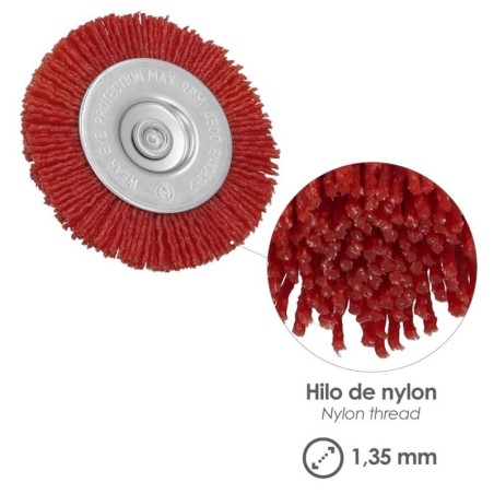 Cepillo Nylon Disco Diámetro 75 mm. 1/4". Lijar y Pulir Madera, Metal, Acero Inoxidable