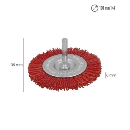 Cepillo Nylon Disco Diámetro100 mm. 1/4". Lijar y Pulir Madera, Metal, Acero Inoxidable