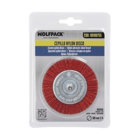 Cepillo Nylon Disco Diámetro100 mm. 1/4". Lijar y Pulir Madera, Metal, Acero Inoxidable