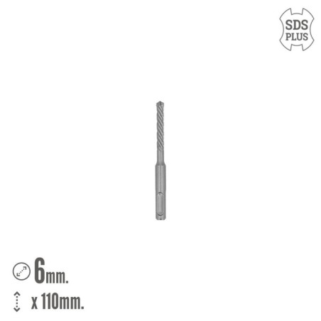Broca SDS Plus 8 Filos Cortantes Especial Para Hormigón Armado Diámetro 6 x 110 mm. Broca Paredes, Broca Cimientos, Broca Muros