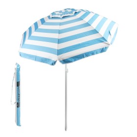 Sombrilla Playa Aluminio / Poliéster Diámetro 200 cm. Azul y Blanca. Varillas Fibra De Vidrio. protección uv.