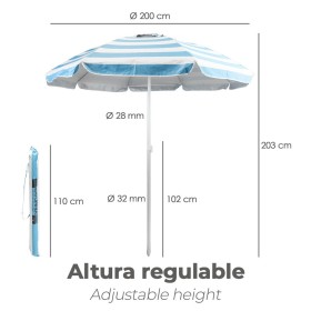 Sombrilla Playa Aluminio / Poliéster Diámetro 200 cm. Azul y Blanca. Varillas Fibra De Vidrio. protección uv.