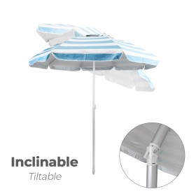 Sombrilla Playa Aluminio / Poliéster Diámetro 200 cm. Azul y Blanca. Varillas Fibra De Vidrio. protección uv.