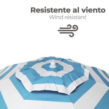 Sombrilla Playa Aluminio / Poliéster Diámetro 200 cm. Azul y Blanca. Varillas Fibra De Vidrio. protección uv.