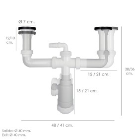 Sifón Doble Con Válvula Extensible 1-1/2" Con Sumideros De Diámetro 70 mm. Sifón Fregadero Cocina, Sifón Evacuación
