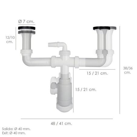 Sifón Doble Con Válvula Extensible 1-1/2" Con Sumideros De Diámetro 70 mm. Sifón Fregadero Cocina, Sifón Evacuación