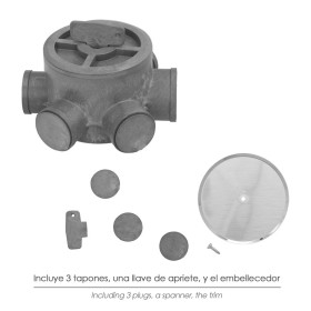 Bote Sifónico PVC Tuberías Diámetro 110 mm. Salidas Diámetro 50 y 40 mm. Altura 90 mm.