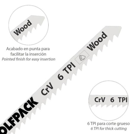 Hojas Sierra Calar Para Madera Corte Grueso 5 Piezas. Hoja Cromo Vanadio 58. Vástago T Universal