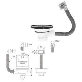 Válvula Fregadero Diámetro 115 mm. 1 1/2" Altura 40 mm. Con Rebosadero