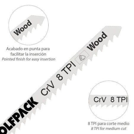 Hojas Sierra Calar Para Madera Corte Medio 5 Piezas. Hoja Cromo Vanadio 58. Vástago T Universal